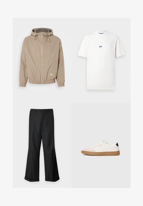 Lys beige hettejakke laget av glatt stoff med glidelås foran, elastisk kant og grønt logoaksonn på nederste høyre side.; Hvit kortermet T-skjorte med en liten blå rektangulær logo med teksten "HUGO" sentrert på brystet, ensfarget bakgrunn.; Svart vide buks med knappet midjebånd og oppbrettede nederkant, vist mot en enkel hvit bakgrunn.; Hvite sneakers med beige detaljer, glatt skinn-overdel, avrundet tå og gummisåle, med en svart hæltapp og subtil merkevare.