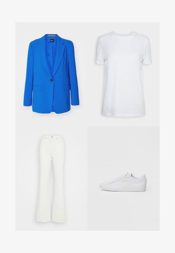 BOSS JOCALUAH niebieski; Biała koszulka z krótkim rękawem z bawełny. Klasyczny krój z gładką teksturą, bez widocznych wzorów czy akcentów. Styl podstawowy.; Białe dżinsy w stylu dzwonów, wykonane z denimu bawełnianego, z wysokim stanem, zapięciem na guzik i czterema kieszeniami o gładkiej fakturze.; Białe niskie trampki Puma z zapięciem na sznurowadła, subtelnym logo po bokach oraz podeszwą, a także gładką syntetyczną cholewką, idealne do codziennych stylizacji.