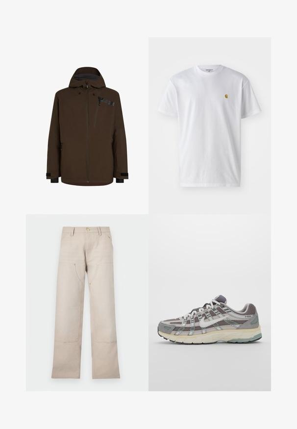 Giacca impermeabile marrone con cappuccio, tasche con zip e accenti neri a contrasto. Texture liscia con un design elegante e moderno.; T-shirt bianco in cotone con maniche corte, con colletto girocollo, caratterizzato da un piccolo logo dorato sulla parte sinistra del petto. Tessuto morbido e vestibilità regolare.; Pantaloni in cotone beige con design a gamba dritta, dotati di due tasche frontali e due dettagli con cerniera. Hardware in tonalità oro in evidenza.; Scarpa sportiva grigia con tomaia in mesh e suede, dettagli bianchi, suola ammortizzata e un design distintivo con elementi riflettenti.