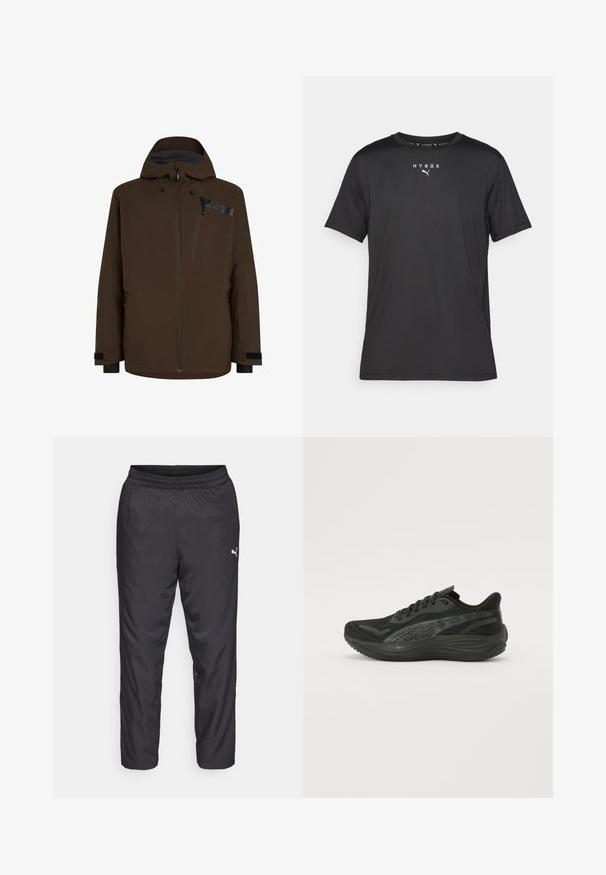 Giacca impermeabile marrone con cappuccio, tasche con zip e accenti neri a contrasto. Texture liscia con un design elegante e moderno.; T-shirt sportivo nero a maniche corte realizzato in tessuto leggero. Caratterizzato da un colletto a girocollo e dal logo stampato "HYROX" con il simbolo Puma sul davanti.; Pantaloni sportivi neri realizzati in materiale liscio e leggero. Presentano un elastico in vita e un piccolo logo bianco sul lato sinistro.; Scarpa sportiva nera con tomaia in mesh testurizzato, lacci piatti e suola ammortizzata con sottili dettagli riflettenti.