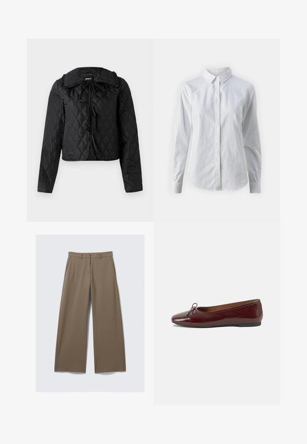 Juodas siuvinėtas švarkas su ilgomis rankovėmis, raukšlėta apykakle ir trimis priekiniais užrišamaisiais užsegimais, kabantis prieš baltą foną.; Balta marškinėliai su mygtukais, pagaminti iš lygios medvilnės, su klasikiniais apykaklės, ilgomis rankovėmis ir lenktu kraštu. Mygtukai maži ir balti.; Rudos juostelės platiems kelnėms su lygia medžiaga ir klasikiniu dizainu, su liemeniu ir priekinėmis raukšlėmis, užtikrinančiomis pritaikytą fitą.; Bordo lakiotos odos baleto bateliai su apvalia nosimi, maža kaspinėlio akcentu priekyje ir žema juoda guma padanga. Lygi tekstūra.