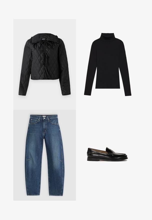 Jachetă neagră matlasată cu mâneci lungi, guler plisat și trei închideri cu fundă în față, suspendată pe un fundal alb.; Cămășuță neagră cu guler înalt, dintr-un material cu dungi, cu un design aderent, fără modele sau accente.; Jeans din denim albastru închis, cu design drept, având buzunare frontale, cusături în contrast și o textură ușor decolorată pe picioare.; Loafer din piele neagră, cu vârf rotunjit, design slip-on și detalii subtile de cusătură pe partea superioară. Talpă din cauciuc plat.