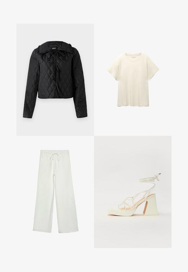 Čierna prešívaná bunda s dlhými rukávmi, nariaseným golierom a tromi prednými viazacími uzávermi, zavesená na bielom pozadí.; Svetlo béžové tričko s krátkym rukávom a okrúhlym výstrihom, vyrobené z jemnej, hladkej tkaniny. Má voľný strih a rovný lem.; Biele nohavice s širokými nohavicami vyrobené z mäkkej tkaniny. Majú elastický pás s šnúrkou a hladký povrch. Žiadne viditeľné vzory ani kovania.; Biele sandále na vysokom opätku s hrubým podpätkom, s pruhovaným dizajnom a viazaním na členku. Hladký povrch s platformou vpredu pre zvýšenú výšku.
