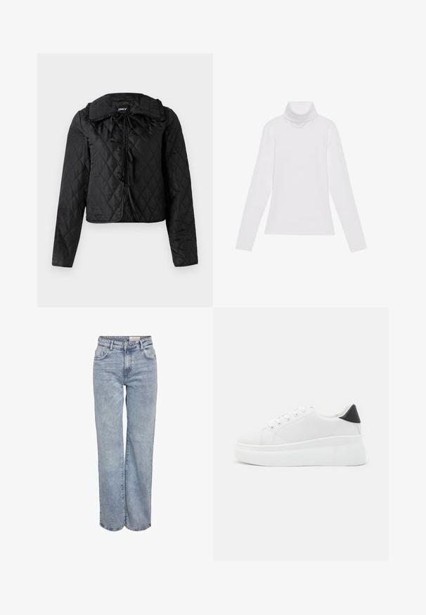 Čierna prešívaná bunda s dlhými rukávmi, nariaseným golierom a tromi prednými viazacími uzávermi, zavesená na bielom pozadí.; Biely dlhý rukáv v štýle roláka vyrobený z hladkej, elastickej tkaniny. Má vysoký golier a priliehavý strih, bez viditeľných vzorov alebo ozdôb.; Svetlomodré široké džínsy vyrobené z denimu, s vysokým pásom, päťvreckovým dizajnom a jemným vyblednutím pre opotrebovaný vzhľad.; Biele platformové tenisky vyrobené z hladkého syntetického materiálu, so zaoblenou špičkou, šnurovacím dizajnom a textúrovanou gumovou podrážkou. Čierny akcent na päte.