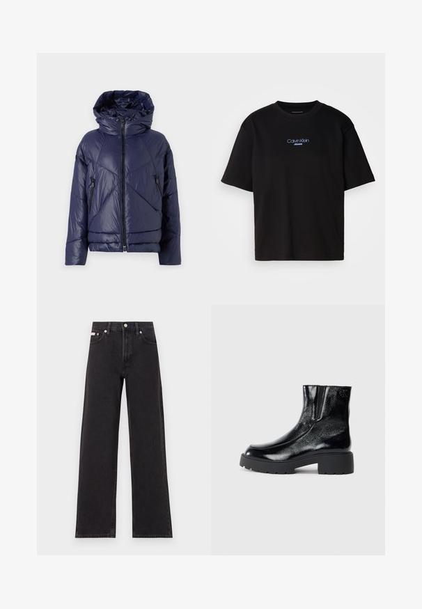 Giacca imbottita blu navy con chiusura a zip, cappuccio e motivo a rombi diagonali. Due tasche laterali con zip e finitura texturizzata.; T-shirt nera in cotone con colletto rotondo, maniche corte e logo ricamato blu "Calvin Klein JEANS" sul davanti.; Jeans neri a gamba larga in denim, con vita alta, styling a cinque tasche e chiusura con bottone metallico e cuciture a contrasto.; Stivali neri alla caviglia con una finitura in pelle laccata lucida, suola in gomma nera spessa e tacco rialzato; include un discreto dettaglio del logo sul lato.