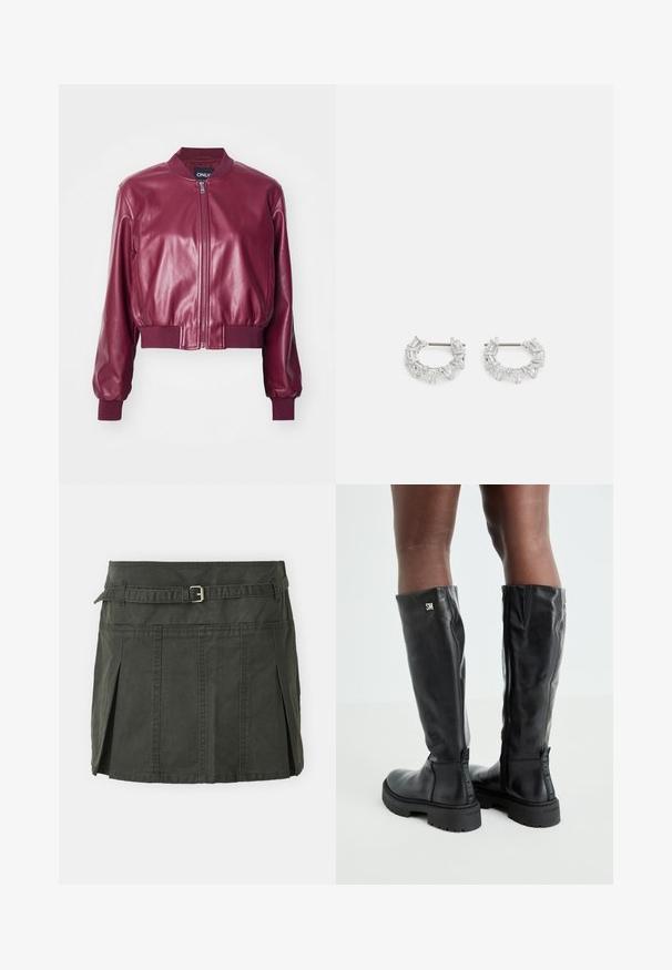 ONLY ONLHEIDI SHORT - Veste en similicuir - burgundy; Pull en maille cropped gris clair avec des motifs floraux noirs et blancs, encolure ronde et poignets côtelés. Texture douce, design décontracté.; Jupe mini en coton vert foncé avec une taille cintrée, une ceinture et des plis sur le devant. Présente des détails de couture et une coupe classique.; Bottes noires en cuir montantes jusqu'aux genoux, avec une texture lisse, un bout arrondi, une semelle épaisse et une fermeture éclair. Présente un logo argent sur le côté.; Boucles d'oreilles en argent, ornées de cristaux clairs rectangulaires et triangulaires disposés en cercle autour d'un axe central pour le maintien.
