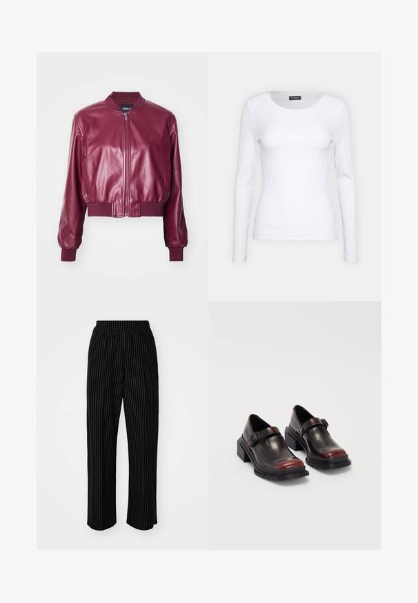 ONLY ONLHEIDI SHORT - Imitatieleren jas - burgundy; Witte geribbelde langemouwen top met een ronde halslijn. Gemaakt van een rekbare stof die het lichaam volgt. Heeft subtiele horizontale lijnen.; Zwarte, wijde broek met witte verticale streepjes, voorzien van een elastische tailleband voor comfort en een zachte, gladde textuur.; Leren blokhak schoenen met een glanzende donkerburgundy afwerking, voorzien van een gespstrap en een rond neusstuk. Getextureerde zool voor grip.