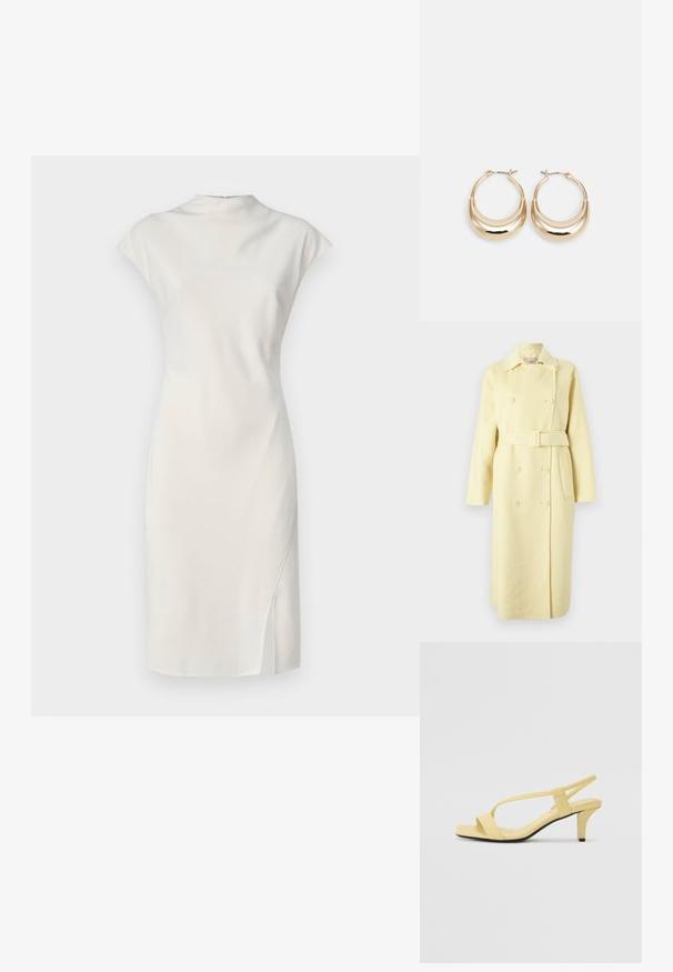 Dviejų eilučių geltonas vilnonis paltas su diržu, ilgomis rankovėmis, apykakle ir šoninėmis kišenėmis. Lygus paviršius su mygtukų detalėmis.; Balta, be rankovių suknelė su aukštu apykaklės iškirpimu ir šonine skeltuka. Lygus audinys, prigludusio silueto ir minimalistinis stilius.; Geltoni odiniai aukšti sandalai su kvadratiniu atviru pirštu, plonais dirželiais ir siauru kulniuku. Lygus paviršius ir minimalistiškas dizainas.; Auksinės tonacijos auskarai su mėnulio forma, lygus paviršius ir sklendės uždarymas. Lygus tekstūra ir atspindintis finis padidina matomumą.