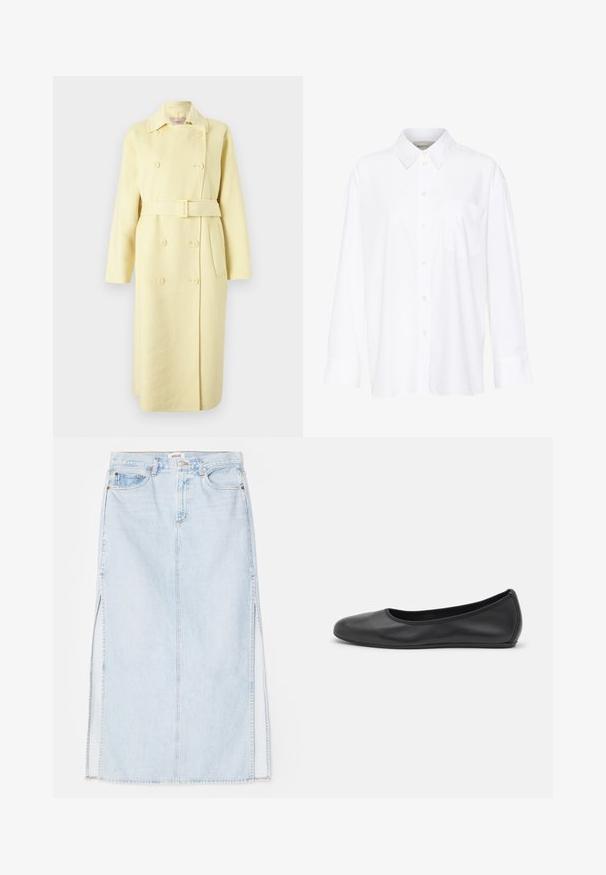 Cappotto giallo in lana doppiopetto con una cintura, maniche lunghe, colletto e tasche laterali. Tessuto morbido con dettagli di bottoni.; Camicia bianca a maniche lunghe con colletto in cotone. Caratterizzata da una chiusura con bottoni e una tasca sul petto singola. Tessuto liscio, vestibilità comoda.; Gonna maxi in denim azzurro chiaro con taglio dritto, dotata di spacchi laterali e design a cinque tasche. Cuciture in evidenza e chiusura con bottone in metallo.; Pantofole da balletto nere in pelle con punta arrotondata, texture liscia, dettagli di cucitura minimi e design con suola flessibile.