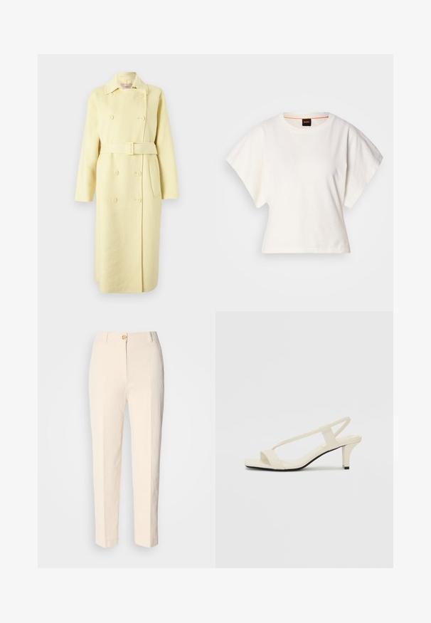 Kaksirivinen keltainen villakangastakki vyöllä, pitkät hihat, kaulus ja sivutaskut. Sileä pinta, jossa on nappiyksityiskohtia.; Valkoinen lyhythihainen t-paita, leveät lyhyet hihat, pehmeää puuvillamateriaalia, pyöreä pääntie jossa hienovarainen oranssi reunus, minimaalinen muotoilu, ei kuvioita tai graafisia elementtejä.; Kermanväriset, korkeavyötäröiset housut, jotka on valmistettu teksturoidusta kankaasta. Ominaisuuksia etunappi ja kapenevat lahkeet.; Beige sandaalit, joissa on loiva korko, ohuet hihnat ja neliönmallinen varvasosa. Sileä materiaali, jossa on minimaalista yksityiskohtaa, suunniteltu helppokäyttöiseksi.
