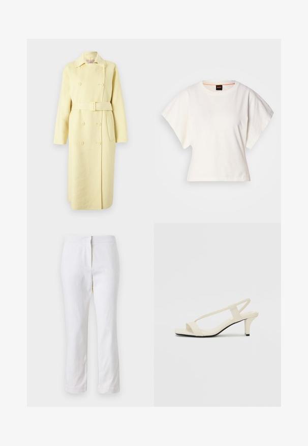 Kaksirivinen keltainen villakangastakki vyöllä, pitkät hihat, kaulus ja sivutaskut. Sileä pinta, jossa on nappiyksityiskohtia.; Valkoinen lyhythihainen t-paita, leveät lyhyet hihat, pehmeää puuvillamateriaalia, pyöreä pääntie jossa hienovarainen oranssi reunus, minimaalinen muotoilu, ei kuvioita tai graafisia elementtejä.; Valkoiset puuvillahousut suoralla lahkeella, joissa on keskikorkea vyötärö ja ei näkyviä varusteita tai kuvioita. Ehjä pinta kauttaaltaan.; Beige sandaalit, joissa on loiva korko, ohuet hihnat ja neliönmallinen varvasosa. Sileä materiaali, jossa on minimaalista yksityiskohtaa, suunniteltu helppokäyttöiseksi.