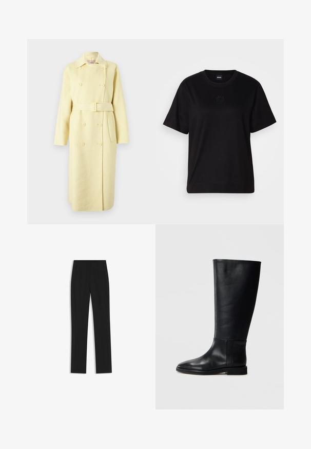 Kaksirivinen keltainen villakangastakki vyöllä, pitkät hihat, kaulus ja sivutaskut. Sileä pinta, jossa on nappiyksityiskohtia.; Musta puuvillapaita, jossa on pyöreä kaula-aukko, lyhyet hihat ja brodeerattu logo rinnassa. Yksinkertainen, rento istuvuus ilman kuvioita.; Mustat räätälöidyt housut suoran lahkeen designilla, joissa on etutaskut ja sileä, teksturoitu kangas. Siistit, minimalistiset yksityiskohdat.; Mustat nahkaiset polvipituiset saappaat, joissa on pyöreä kärki, sileä pinta, minimalistinen muotoilu ja tasapohja. Yksinkertaiset sauman yksityiskohdat varressa.