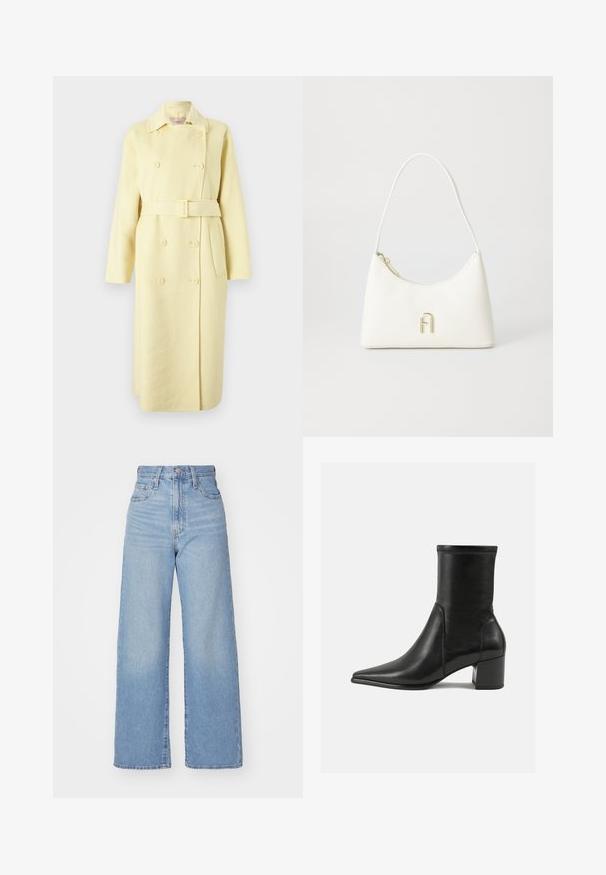 Divrindas dzeltenais vilnas mētelis ar jostu, garām piedurknēm, apkakli un sānu kabatām. Gluda tekstūra ar pogu detaļām.; Gaiši beidzis audums ar salocītu piedurkni, izceļot gludu tekstūru un maigu izskatu, uzsverot tā vienkāršību un eleganci.; Gaiši zili augstās jostas vidukļa platās bikses ar priekšējo pogu un rāvējslēdzēju, priekšējām un aizmugurējām kabatām uz baltā fona.; Melnas potītes zābaki, kas izgatavoti no gludas ādas, ar smailu purngalu, blokveida papēdi un izteiktu paceltu šuvumu augšējā malā.; Balta rokas soma ar izliekumu un gludu tekstūru. Iezīmējas ar zelta toņa logo akcentu un ar rāvējslēdzēju aizdari. Regulējama plecu siksna.; Zelta auskari gredzenveida, ar taisnstūra formu, gludu virsmu un noapaļotiem stūriem. Funkcijas droša aizdare papildu stabilitātei.