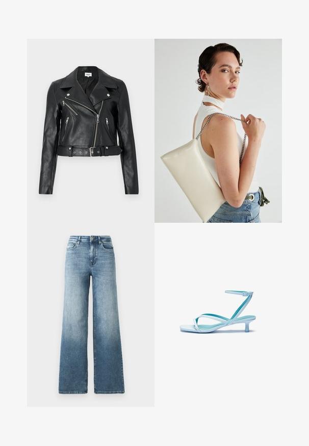 Svart lær cropped jakke med bred krage, asymmetrisk frontglidelås og belte. Har flere glidelåslommer og sølvfargede detaljer.; Mørk marineblå cropped strikkegenser med ribbet tekstur, korte vide ermer og rund hals. Enkel design, ingen synlige mønstre eller detaljer.; Bredde ben jeans i lys blå vask, med høy midje, fem-lommers design, og subtil fading på stoffet. Klassisk metallknapp lukking.; Lys blå sandaler med stroppene, firkantet tå, lav hæl, justerbar ankelrem og glatt, blank overflate. Kryssete stropper på fotsengen.; Hvit rektangulær clutch-veske laget av blankt materiale, med en sølvkjede-stropp. Modellen poserer og viser vesken mot en ensfarget bakgrunn.
