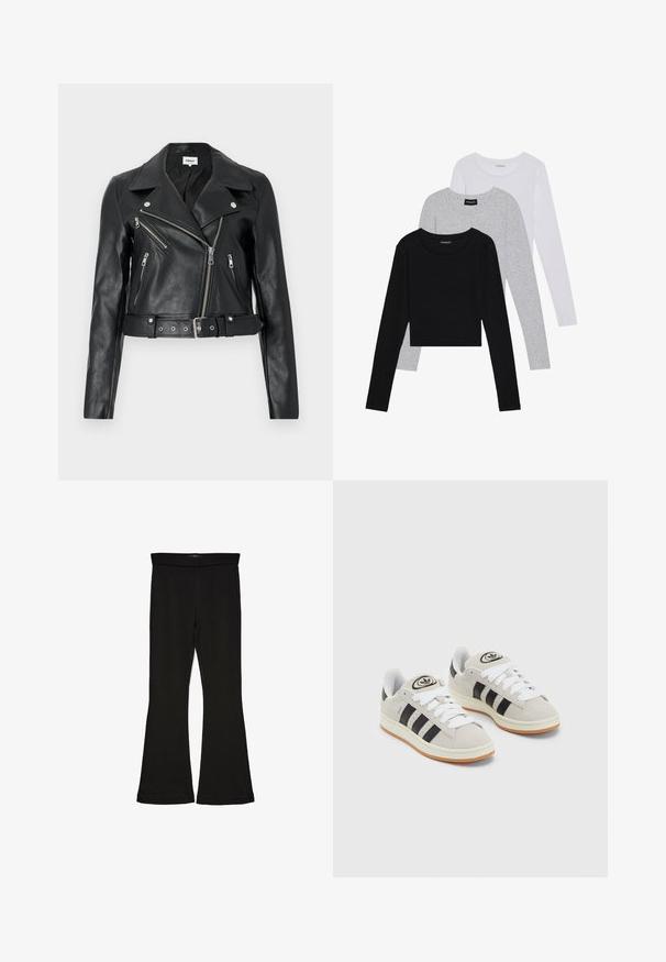 Casaco cropped de couro preto com um colarinho largo, fecho frontal assimétrico e cinto. Apresenta vários bolsos com fecho éclair e metal prateado.; Três camisetas de manga longa empilhadas: preta, cinza e branca. Cada uma tem um decote redondo e um design cropped, feitas de um tecido leve e suave.; Leggings pretos em flare feitos de um tecido elástico. Apresentam uma cintura larga e uma textura suave, com um silhueta ajustada que se alarga na bainha.; Tênis de camurça cinza com atacadores brancos, riscas pretas e uma sola de borracha branca. Apresenta um logótipo circular na língua e uma sola de borracha.