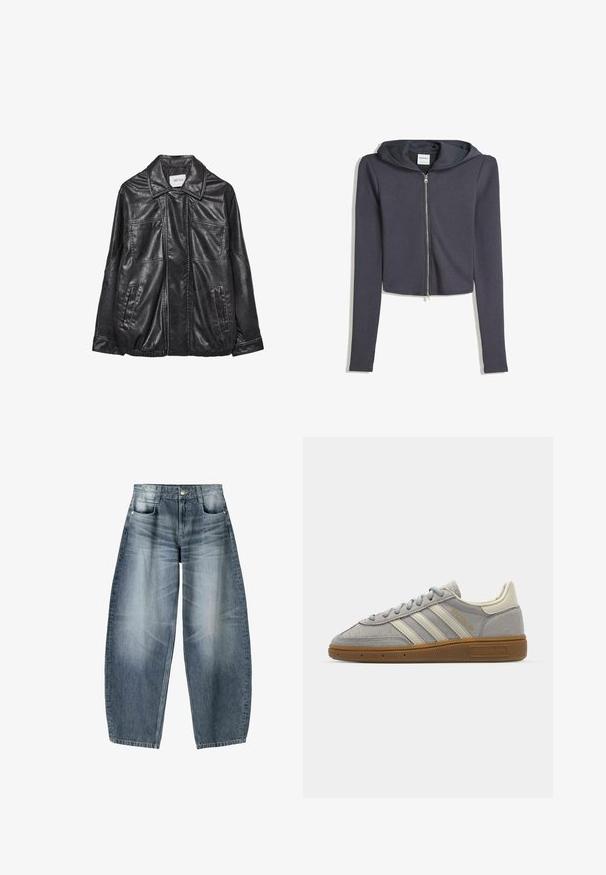 Veste en cuir noir avec un col, deux poches avant, un ourlet élastiqué et des détails de couture contrastants. Texture douce.; Sweat à capuche zippé court gris foncé avec des manches longues et un cordon de serrage. Fabriqué en tissu doux, avec une fermeture éclair argentée et un design minimaliste.; Deux débardeurs sans manches : un blanc en texture côtelée et un gris clair avec un motif chiné subtil. Les deux ont un col rond.; Jean large en denim bleu clair avec décoloration, présentant un design à cinq poches, un bouton de fermeture et des détails de couture minimaux.; Baskets en suède gris avec des rayures en cuir gris clair et une semelle en caoutchouc caramel. Les caractéristiques incluent un laçage et un branding discret sur la languette.