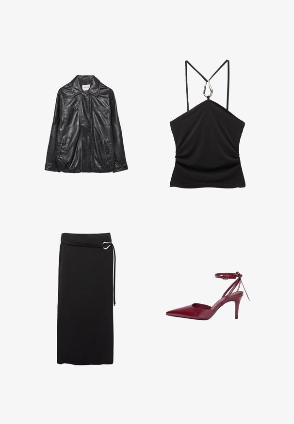 Giubbotto in pelle nera con colletto, due tasche frontali, orlo elasticizzato e dettagli di cucitura a contrasto. Texture morbida.; Top senza maniche nero con scollatura a V e spalline sottili, caratterizzato da un accento a goccia d'argento all'collo e una texture arricciata sul davanti.; Gonna nera in tessuto morbido. Presenta un design minimalista, una cintura con anello in metallo e una vita alta.; Scarpa col tacco alta in pelle bordeaux con punta affusolata, lati aperti e cinturino alla caviglia. Presenta un design elegante e una texture liscia.