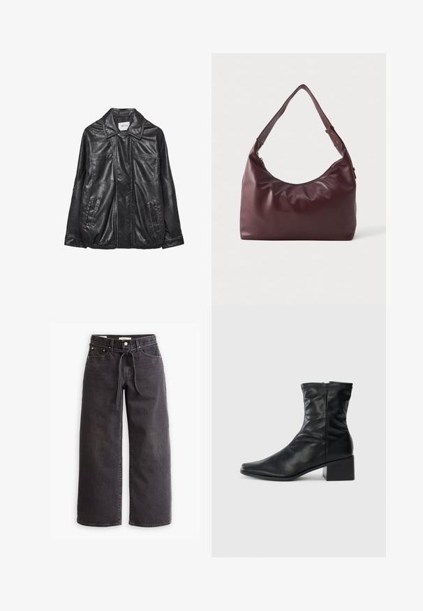 Čierna kožená bunda s golierom, dvoma prednými vreckami, elastickým lemom a kontrastným prešívaním. Mäkka textúra.; Čierny dlhý rukáv rolák vyrobený z hladkej tkaniny; priliehavý strih s vysokým golierom a bez viditeľných švov. Jednoduchá, jednofarebná.; Čierne široké džínsy vyrobené zo denimu, s elastickým pásom na šnúrku, piatimi vreckami a kontrastným prešívaním. Rovný predný dizajn.; Čierna kožená čižma po členky so štvorcovou špičkou, bočným zipsom a blokovým podpätkom na bielom pozadí.; Hladká bordová kožená taška cez rameno s nastaviteľným popruhom a zipsom, predstavená na jednoduchej bielej pozadí.