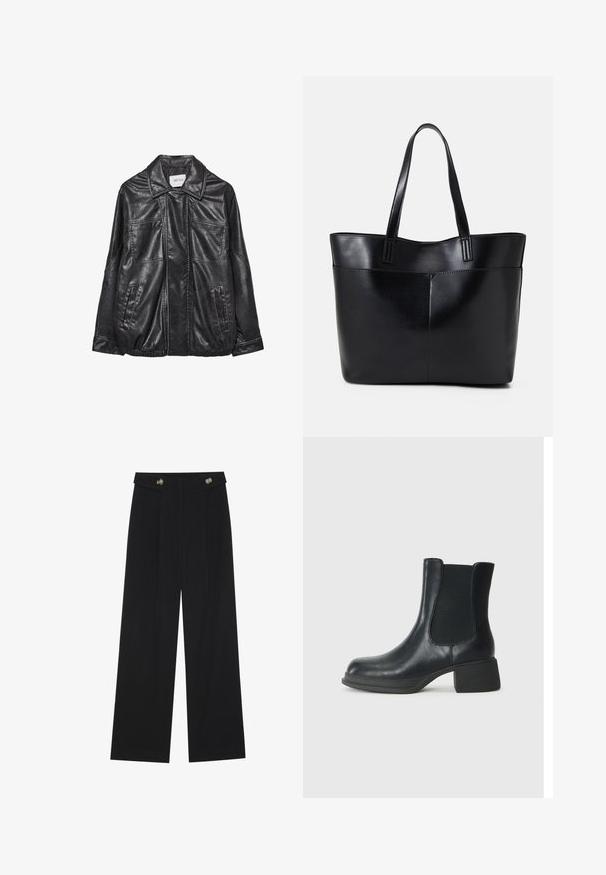 Giubbotto in pelle nera con colletto, due tasche frontali, orlo elasticizzato e dettagli di cucitura a contrasto. Texture morbida.; Maglietta nera a maniche lunghe con polsini svasati, texture morbida e vestibilità rilassata, con un semplice collo rotondo.; Pantaloni neri a gamba larga con vita alta, dettagli con bottoni in vita e pieghe frontali.; Stivaletto in pelle nera con pannelli laterali elasticizzati, punta arrotondata e tacco basso a blocco. La superficie ha una texture liscia e un design minimale.; Borsa a tracolla in pelle nera con due manici lunghi, una texture liscia e una forma strutturata. Presenta una tasca frontale per ulteriore spazio di archiviazione.
