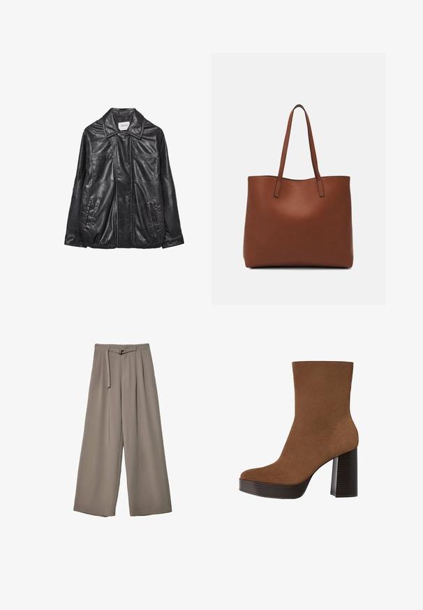 Schwarze Lederjacke mit kragenförmigem Ausschnitt, zwei Fronttaschen, elastischem Saum und kontrastierenden Nähte. Weiche Textur.; Braunes, kurzärmliges T-Shirt aus weichem Material mit rundem Halsausschnitt und lockerer Passform. Keine sichtbaren Muster oder Akzente.; Weite Hose aus einem weichen, gedämpften grauen Stoff, mit einem taillierten Bund und Falten für zusätzliche Design-Details. Glatte Textur, keine Muster.; Braunes Wildleder-Ankle Boot mit runder Spitze, klobigem schwarz gestreiften Absatz und glatter Oberfläche. Besitzt ein enganliegendes Design ohne sichtbare Beschläge.; Braune Leder-Tote mit glatter Textur, offenem Oberteil und zwei Schulterriemen. Verfügt über minimale Nähte und keine sichtbaren Beschläge.