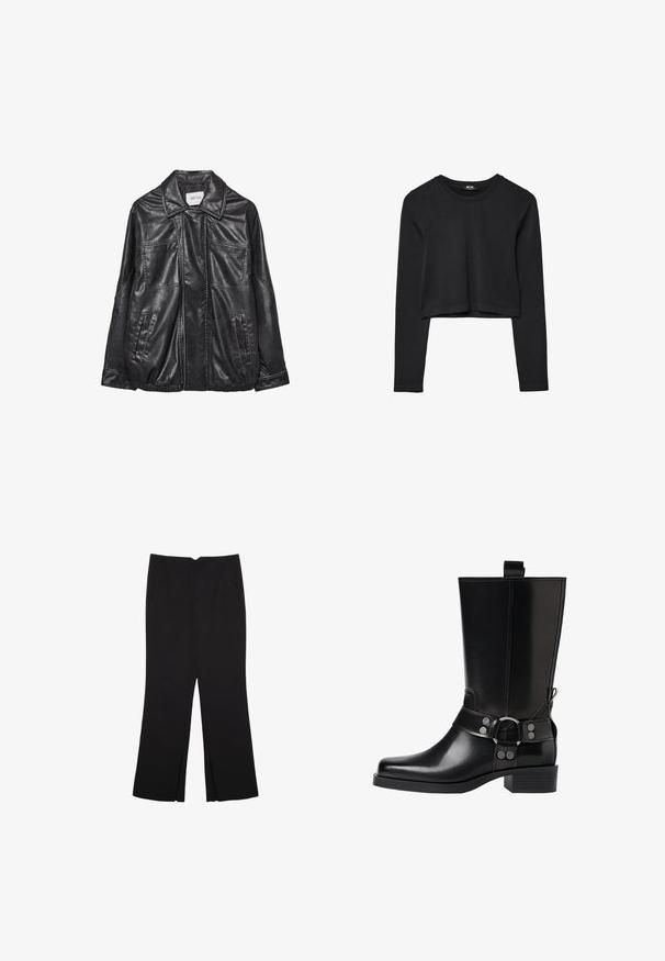 Czarna skórzana kurtka z kołnierzykiem, dwoma przednimi kieszeniami, elastycznym dołem i kontrastującymi szwami. Miękka tekstura.; Czarny krótki top z długim rękawem, okrągłym dekoltem, gładkim wzorem i lekko zaokrąglonym dołem.; Czarne spodnie o prostym kroju, z przednimi kieszeniami i bocznymi rozcięciami na dole. Wykonane z miękkiego, gładkiego materiału. Odpowiednie na różne okazje.; Czarne skórzane buty za kolano z wydłużonym noskiem, srebrnymi akcentami w postaci klamr oraz masywnym obcasem. Posiadają pętelkę umożliwiającą łatwe zakładanie.