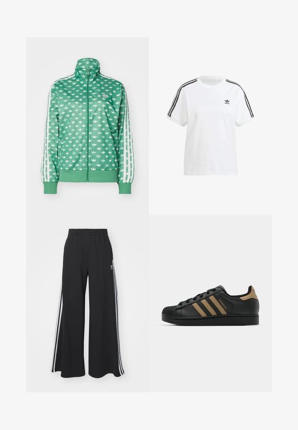 adidas Originals MONO - Treningsjakke - preloved green; Hvit bomulls T-skjorte med korte ermer, rund hals og svarte vertikale striper på skuldrene, med en liten svart logo på brystet.; Svart vide joggebukser med elastisk midjebånd, med hvite sidestriper og brodert logo på venstre lår.; Svarte lærersneakers med tre brune striper, teksturert gummitåhette, snøring foran og flat svart såle. Har en subtil logo på hælen.
