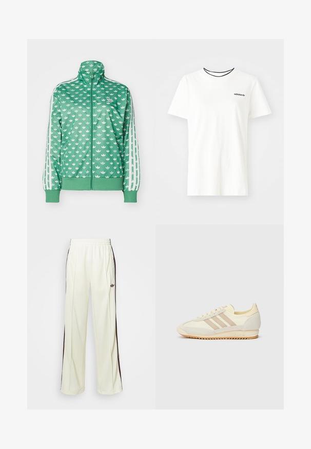 adidas Originals MONO - Chaqueta de entrenamiento - preloved green; Camiseta de algodón blanca con manga corta y escote redondo. Presenta un logo negro de Adidas en el pecho y un cuello interior negro en contraste.; Pantalones de chándal color crema con un corte relajado, que cuentan con rayas laterales marrón oscuro y un logo bordado en el muslo izquierdo.; Zapatilla deportiva crema con tres rayas beige, materiales de ante y textil, una suela texturizada y un logotipo en relieve en el talón.