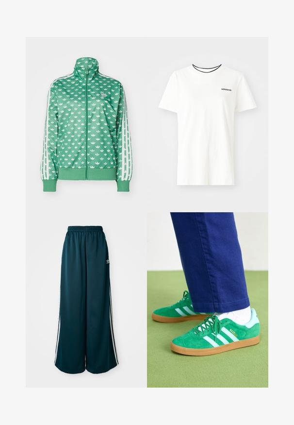 adidas Originals MONO - Chaqueta de entrenamiento - preloved green; Camiseta de algodón blanca con manga corta y escote redondo. Presenta un logo negro de Adidas en el pecho y un cuello interior negro en contraste.; Pantalones de chándal anchos en color verde azulado con una cintura elástica, que presentan tres rayas blancas a lo largo de los lados y un logo de Adidas en el lado izquierdo.; Zapatillas de ante verde con rayas y detalles blancos, suela de goma, con cordones verdes y marca en el costado.