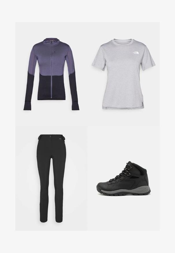 Top ajustado de manga larga en púrpura y negro, con cierre de cremallera en el frente, textura de rayas verticales y orificios para los pulgares en los puños de las mangas.; Camiseta gris de manga corta hecha de una suave tela que absorbe la humedad. Presenta un cuello redondo y un pequeño logotipo blanco en la parte superior izquierda.; Pantalones negros ajustados hechos de un material flexible. Las características incluyen un bolsillo lateral con cremallera, rodillas articuladas y una textura suave.; Bota de senderismo negra con un diseño de medio caña, que cuenta con una parte superior texturizada, acentos grises y una suela de goma duradera con tacos de tracción.
