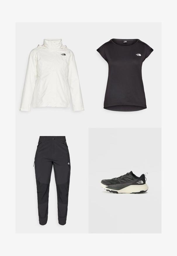 White waterproof jacket with a high collar, long sleeves, and side pockets. Features a logo on the upper left chest and a smooth texture.; The North Face TANKEN TANK - Sports T-shirt - black; Black outdoor pants made of durable fabric. Feature zippered pockets, reinforced knee panels, and a straight cut design for mobility.; Black athletic shoe with a textured upper, featuring gray accents and a white midsole. Includes a pull tab and prominent brand logo on the heel.