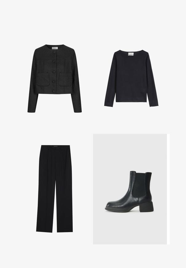 Melna īsā jaka ar teksturētu audumu, apaļu apkakli, priekšējo pogu aizdari un divām kabatām uz priekšpuses.; Marc O'Polo Džemperis - deep night blue; Melni bikses ar taisnu kāju dizainu, kurām ir divi priekšējie kabatas un jostasvieta. Izgatavotas no gludas, vieglas auduma.; Melnas ādas potīšu zābaki ar elastīgām sānu daļām, noapaļota purngala forma un zems blokveida papēdis. Virsma ir gluda un ar minimālu detalizāciju.