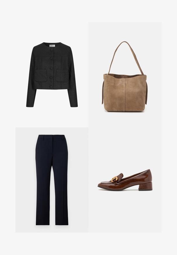 Black cropped jacket with a textured fabric, round neckline, front button closure, and two patch pockets on the front.; White button-up blouse with ruffled collar, vertical stripes, and textured fabric. Features elasticized puff sleeves with lace trim.; Navy blue tailored trousers with a straight cut, crafted from smooth fabric. Features belt loops, front pockets, and a clean waistband design.; Brown leather loafers with a glossy finish, featuring a decorative gold buckle on the front and a low block heel. Classic design.; Brown suede tote bag with a soft texture, open top, and a single shoulder strap. Features a smooth finish and minimal detailing.