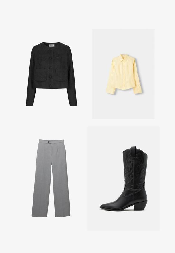 Schwarze, verkürzte Jacke aus strukturiertem Stoff, runder Ausschnitt, Knopfverschluss vorne und zwei aufgesetzte Taschen auf der Vorderseite.; Gelb gestreifter Hemd mit langen Ärmeln, spitzem Kragen und vorderer Knopfverschluss. Hat vertikale blaue Streifen und eine taillierte Passform.; Graue maßgeschneiderte Hosen mit weitem Bein, flacher Front und subtiler Textur. Mit einem einzigen Knopfverschluss und klaren Linien.; Schwarze Leder-Cowboy-Stiefel mit spitzem Zeh, geprägten, wirbelnden Mustern und einem mittelhohen Absatz. Mit einem Zuglasche für einfaches An- und Ausziehen.