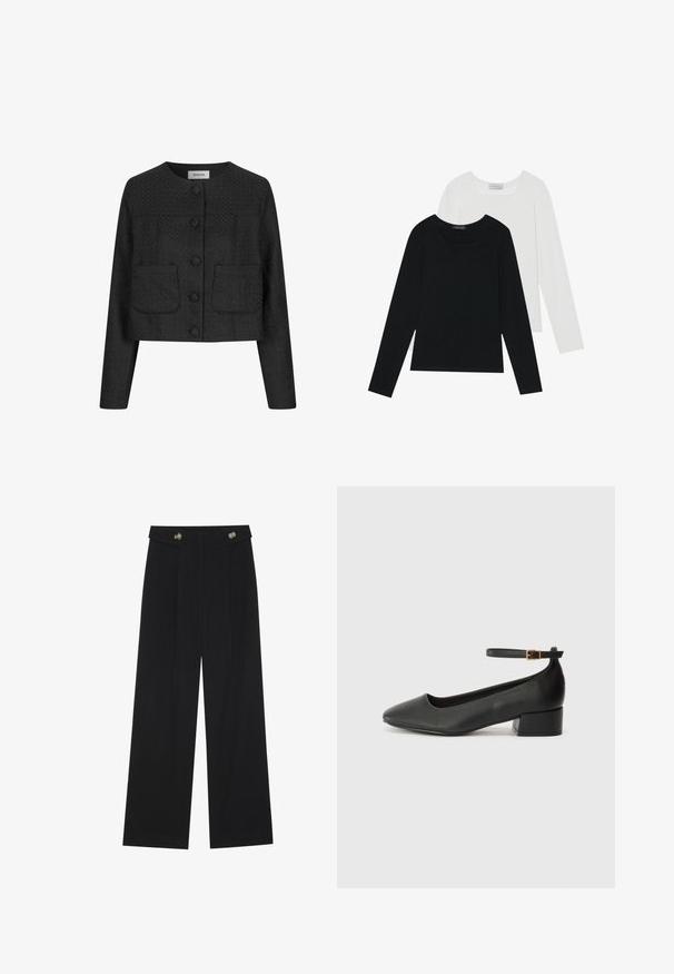 Black cropped jacket with a textured fabric, round neckline, front button closure, and two patch pockets on the front.; Two long-sleeve tops, one black and one white, both featuring a square neckline and made from soft, stretchy fabric.; Black wide-leg trousers with high waist, button details on waistband, and front pleats.; Black leather pump with a pointed toe and a low block heel. Features an ankle strap with a gold-tone buckle. Smooth texture.