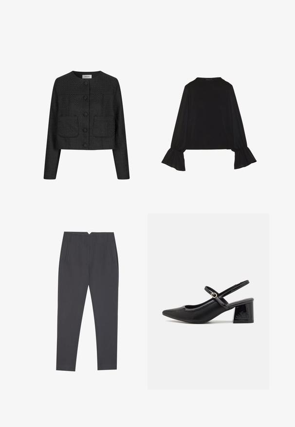Jaqueta preta curta com um tecido texturizado, decote redondo, fecho frontal com botões e dois bolsos de pala na frente.; Top preto de mangas longas com punhos largos, textura suave e um corte descontraído, com um simples decote redondo.; Calças cinza-escuras ajustadas com bolsos laterais e pregas frontais, desenhadas para um ajuste sob medida.; Sabrinas de cerâmica preta com salto bloco, bico apontado e um design com recortes arredondados. Apresenta um detalhe em fivela de tom dourado.