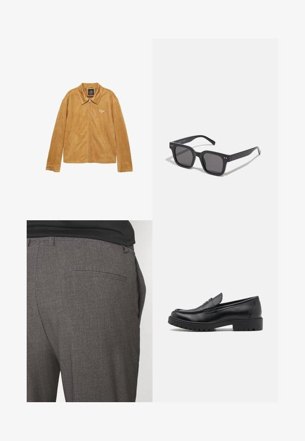 Giacca in suede color cammello con una texture liscia, dotata di colletto classico, chiusura con zip, tasche laterali e dettaglio ricamato "Nyc".; Maglione color crema con collo a camicia, chiusura a quattro bottoni, ampi polsini a coste e orlo. Texture morbida, vestibilità rilassata e design minimale.; Pantaloni grigi su misura con una texture liscia, dotati di una sola tasca posteriore e un design slim fit. Il tessuto presenta un motivo sottile.; Mocassini in pelle nera con punta arrotondata, design senza lacci e suola in gomma spessa con battistrada testurizzato. Tacco elevato e dettagli di cucitura discreti.; Occhiali da sole neri rettangolari con lenti scure, dotati di una montatura spessa, accenti sottili sui lati e senza loghi visibili oltre al nome del marchio.; Borsa tote in tela con manici e fondo neri. Presenta un logo NY ricamato in nero sulla parte anteriore. Corpo crema con una superficie liscia.