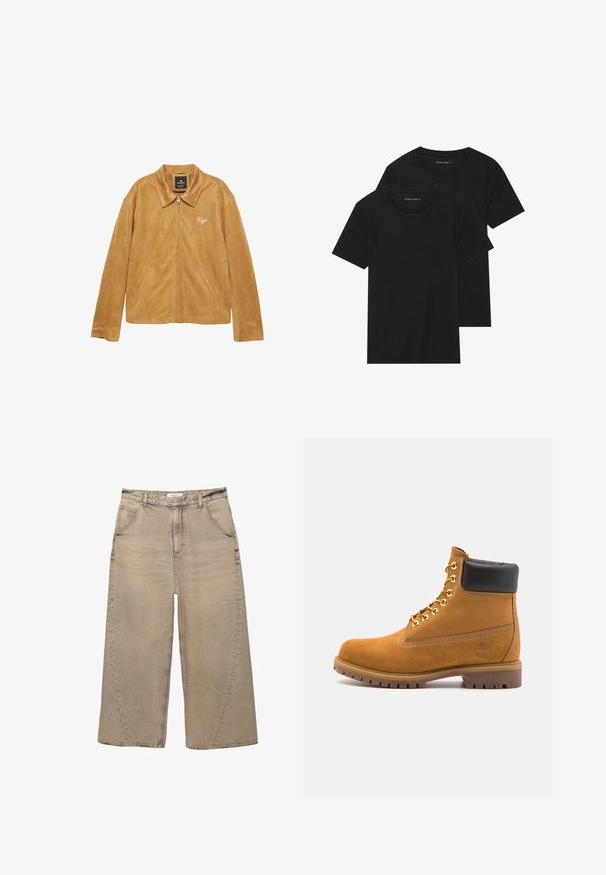 Suede jakna u boji kamila s glatkom teksturom, s klasičnim ovratnikom, zatvaranjem na patentni zatvarač, bočnim džepovima i izvezenim detaljem "Nyc".; Dvoje crnih pamučnih majica s kratkim rukavima, okruglim izrezom i glatkom teksturom, prikazanih n stacked. ; PULL&BEAR MEGA BAGGY - Vrećaste traperice - light grey; Antracitne antilop čizme do gležnjeva s crnim podstavljenim ovratnikom, zlatnim metalnim rupicama, bijelim šavovima i robusnom gumenom potplatom s izraženim šarama.