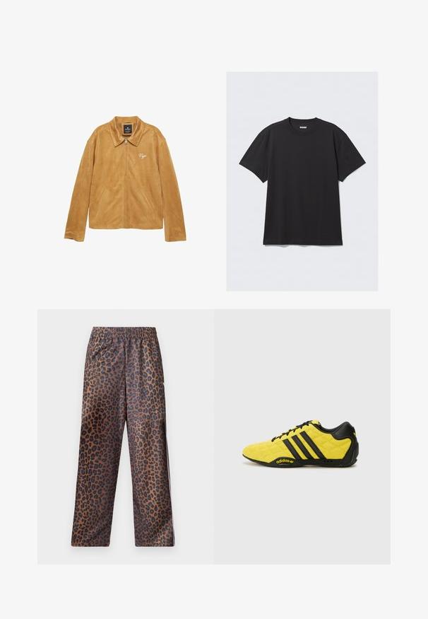 Semišová bunda v barvě camel s hladkým povrchem, klasikým límcem, zipovým zapínáním, bočními kapsami a vyšitým detailem "Nyc".; Černé krátké tričko s krátkým rukávem vyrobené z bavlny. Má kulatý výstřih a volný střih. Jednoduchý design bez viditelných vzorů nebo akcentů.; Kalhoty s leopardím potiskem a elastickým pasem. Vyrobené z lesklé tkaniny, mají hnědou základnu s černými skvrnami a volný střih.; adidas Originals ADIRACER UNISEX - Tenisky - yellow/core black/core black