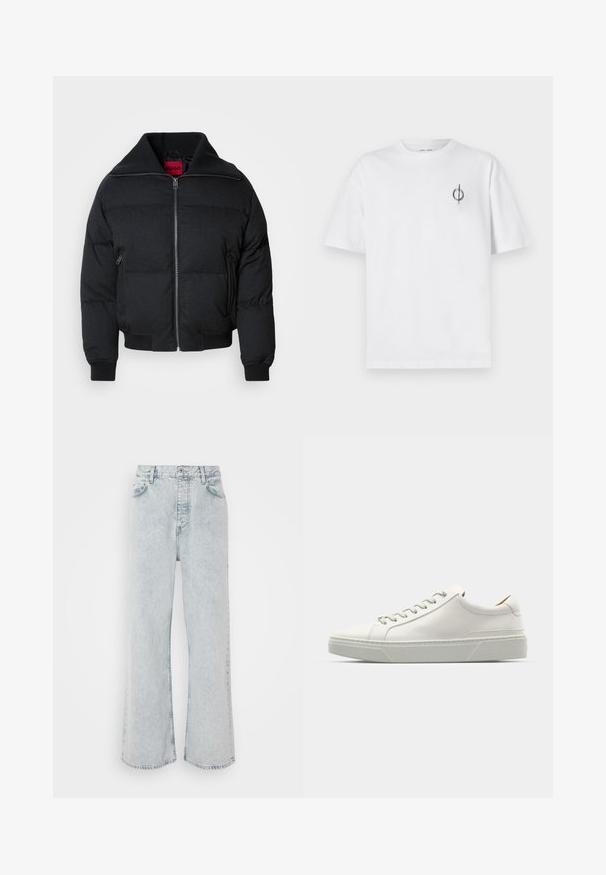 Fekete puffernadrág, magas gallérral, cipzáros elülső résszel, két oldalsó zsebbel és bordás mandzsettával. Simább textúra, az egész felületen tűzött mintával.; Fehér pamut póló laza szabással, kis fekete grafikai logóval a bal mellen. Rövid ujjak, kerek nyakkivágás.; Fénykék farmer széles lábú nadrág, magas derekú kivitelben, gombos záródással, öt zsebbel és enyhén fakó textúrával.; Fehér bőrből készült sneaker, lekerekített orral, minimalista dizájnnal, szürke fűzőkkel és textúrázott szürke gumitalppal. Diszkrét varrási részletek láthatóak.