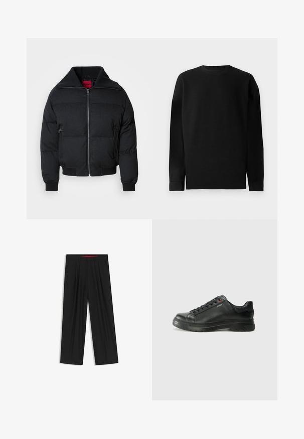 Doudoune noire avec un col haut, fermeture éclair devant, deux poches latérales et poignets côtelés. Texture lisse avec un motif matelassé sur toute la surface.; Pull noir à manches longues en matière côtelée. Doté d'un col rond et d'un ourlet droit avec des poignets ajustés. Design simple et monochrome.; Pantalons larges noirs avec une taille plate, deux poches latérales, un design plissé et une ceinture intérieure contrastante rouge.; Sneaker en cuir noir avec une tige texturée, un col rembourré et un détail de logo rouge. Caractéristiques d'une épaisse semelle en caoutchouc avec un motif de semelle distinct.