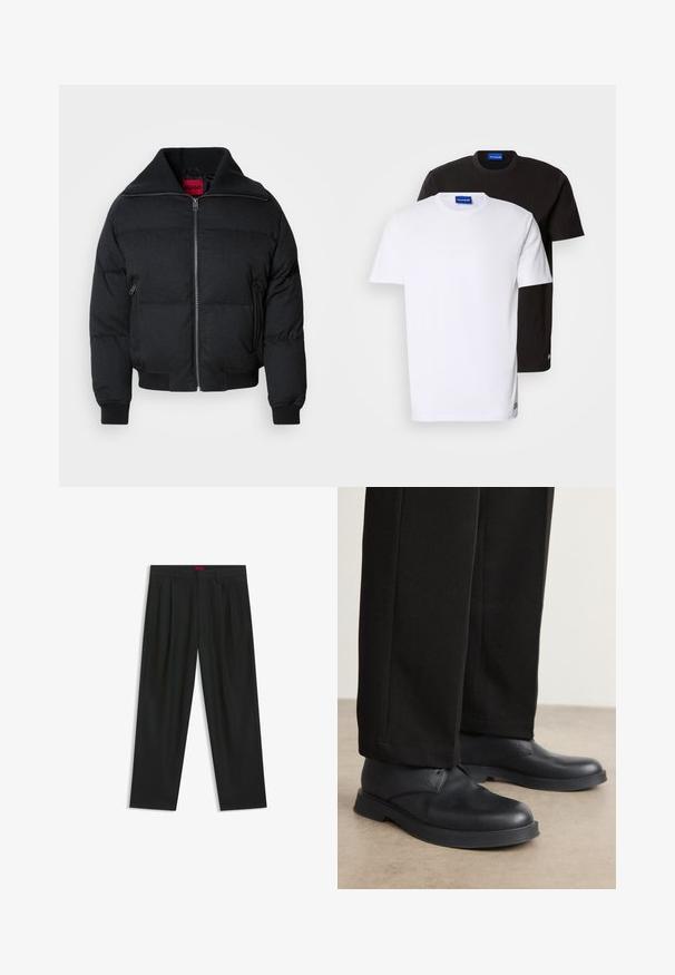 Black puffer jacket featuring a high collar, zip front, two side pockets, and ribbed cuffs. Smooth texture with quilted pattern throughout.; Two T-shirts stacked: one white and one black. Short sleeves, round necklines, cotton fabric. Features a small blue logo at the neckline.; Black trousers with a pleated design, wide leg shape, and a smooth texture. Features a red waistband tag.; Black leather shoes with a rounded toe, flat sole, and minimal detailing. Paired with tailored black pants, showing smooth texture.