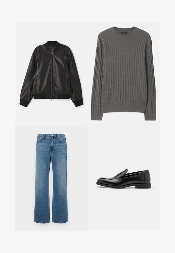 Črna bomberska jakna iz gladkega umetnega usnja, z zadrgo spredaj, rebrastimi manšetami in robom ter dvema stranskima žepoma na zadrgo.; Armani Exchange Pulover - dark gull zig zag; Modri široki jeans iz denima z izbledelim zaključkom. Imajo pet žepov, sprednje zapiranje na gumb in ravno krojenje.; Črne usnjene loafer čevlje z gladko teksturo, zaobljenim nosom in dekorativnim trakom čez zgornji del. Nizka zložena peta, minimalističen dizajn.