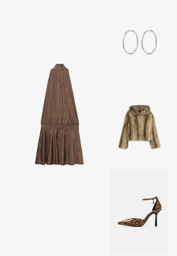 Rjava umetna krzna krajša jakna s kapuco, ki ima mehak občutek, široke rokave in subtilne navpične črtaste vzorce.; Svetlo rjava brezrokavna obleka z visokim ovratnikom. Ima teksturirano tkanino, nabrano telo in razširjen, nabran krilo.; Čevlji s peto v leopardjem vzorcu, s koničastim nosom, iz žameta, z ovitkom za gleženj in zapenjanjem z okrasnim gumbom iz kristala. Črna stiletto peta.; Srebrni uhani obroči z gladko, polirano površino. Okrogla oblika, lahka zasnova, ki vključuje varen sistem zapiranja.