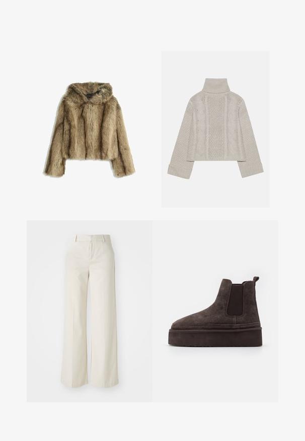 Brązowa krótka kurtka z sztucznego futra z kapturem, charakteryzująca się miękką teksturą, szerokimi rękawami oraz subtelnymi pionowymi paskami.; Skórzana szara sweter z wysokim kołnierzem i ściągaczami, z teksturowanymi wzorami w warkocze z tyłu i po bokach.; Spodnie o szerokich nogawkach w jasnobeżowym kolorze, wykonane z gładkiego materiału. Posiadają klasyczny pas i płaski przód z czystymi liniami.; Brązowe zamszowe botki typu Chelsea z elastycznymi bocznymi panelami i grubą, fakturowaną podeszwą platformową. Posiadają pętlę z tyłu dla łatwego zakładania.