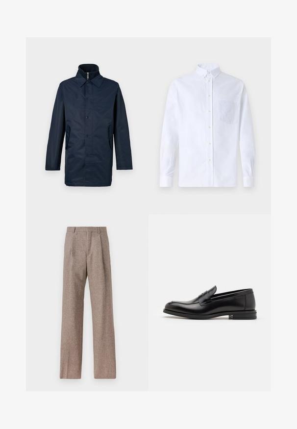 Navy blue, waterproof coat with a collar, front button closure, and two side pockets. Smooth texture, long sleeves, and tailored fit.; White long-sleeve button-up shirt made of cotton, featuring a chest pocket with tonal embroidery, a collar, and button cuffs.; Brown, high-waisted trousers made of textured fabric. Features wide legs and two front pleats for structure. Neat finish with no visible hardware.; Black leather loafers with a smooth texture, rounded toe, and a decorative strap across the vamp. Low stacked heel, minimalist design.