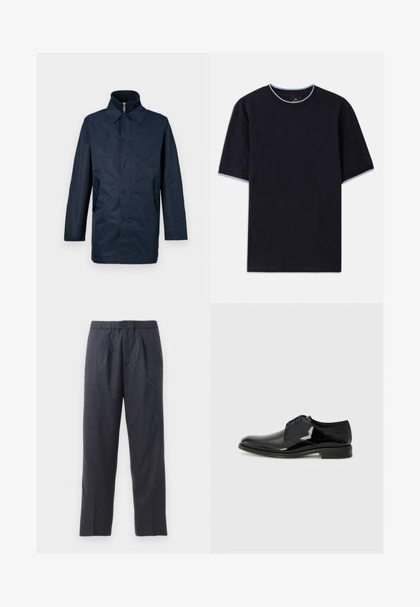 Námornícka modrá, nepremokavá bunda s golierom, predným zapínaním na gombíky a dvoma bočnými vreckami. Hladká textúra, dlhé rukávy a priliehavý strih.; Tmavomodré tričko s krátkym rukávom a okrúhlym výstrihom, so svetlomodrými akcentmi na golieri a rukávoch. Vyrobené z mäkkej bavlnenej tkaniny.; Tmavomodré nohavice vyrobené z mäkkej tkaniny s plisovaným predným dizajnom a elastickým pásom. Obsahujú zapínanie na gombík a strih s priamymi nohavicami.; Čierne spoločenské topánky so lesklým lakovaným povrchom, zaoblenou špičkou a vonkajším šitím. Majú nízky podpätok a šnurovanie.