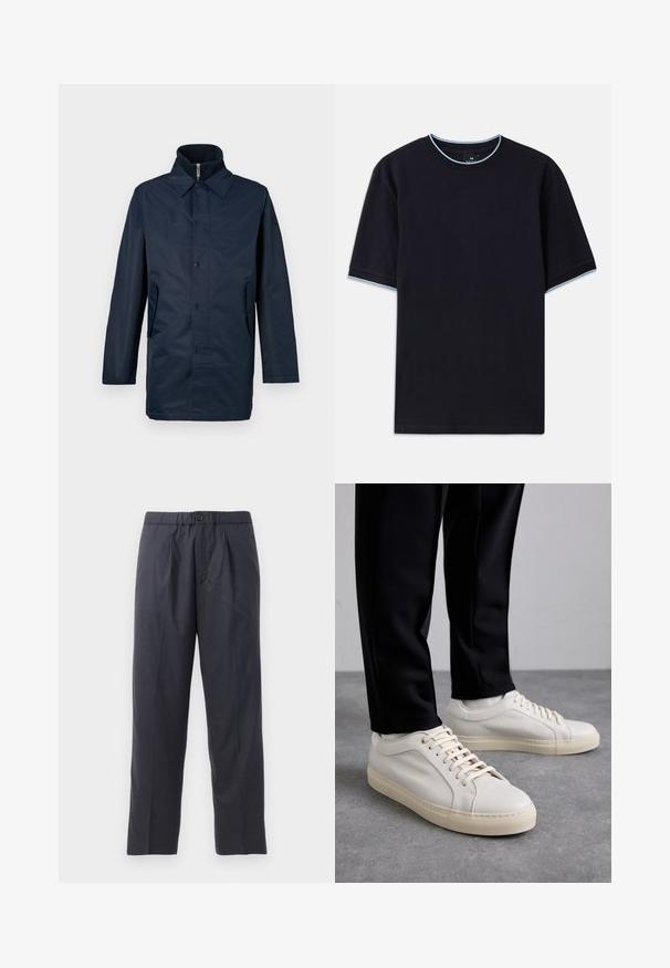 Tumed sinine veekindel jakk, millel on krae, ees nööbid ja kaks küljetaskut. Sile tekstuur, pikad varrukad ja kohandatud lõige.; Tume sinine lühikese varrukaga t-särk ümmarguse kaelusega, millel on helesinised aktsendid kaeluse ja varrukate ümber. Valmistatud pehmest puuvillast kangast.; Tumed sinised püksid pehmest kangast, mille esiosal on volditud disain ja elastne vöökoht. Varustatud nupuga sulgemisega ja sirge lõikega.; Kergedbežsest nahkkingad lamepaeltega, reljeefse pinnaga ja kontrastse kreemivärvi kummitallaga, kombineeritud mustade kitsaste pükstega.