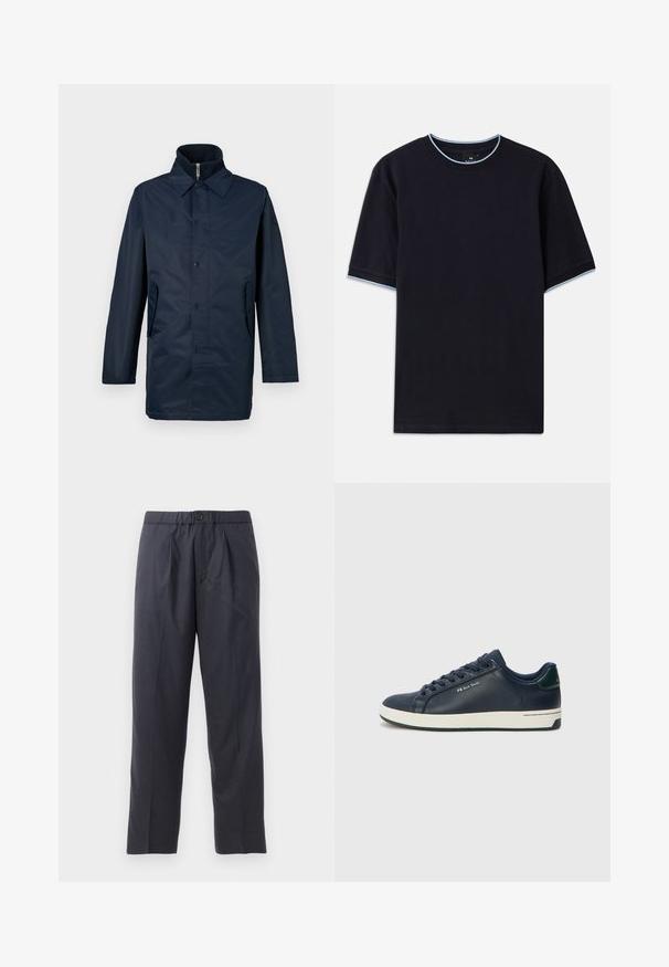 Tumed sinine veekindel jakk, millel on krae, ees nööbid ja kaks küljetaskut. Sile tekstuur, pikad varrukad ja kohandatud lõige.; Tume sinine lühikese varrukaga t-särk ümmarguse kaelusega, millel on helesinised aktsendid kaeluse ja varrukate ümber. Valmistatud pehmest puuvillast kangast.; Tumed sinised püksid pehmest kangast, mille esiosal on volditud disain ja elastne vöökoht. Varustatud nupuga sulgemisega ja sirge lõikega.; Tumes nahktennis, millel on valge kummist talla, ümar nina ja lamedad nöörid. Omab rohelist kanna aksenti ja diskreetset brändi logo küljel.