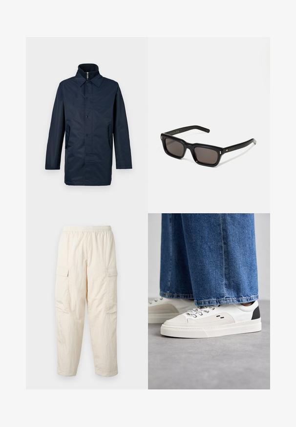 Marineblauer, wasserdichter Mantel mit Kragen, vorderem Knopfverschluss und zwei seitlichen Taschen. Glatte Textur, lange Ärmel und taillierte Passform.; Graues T-Shirt mit kurzen Ärmeln aus weichem, strukturiertem Stoff. Verfügt über einen klassischen Rundhalsausschnitt und einen geraden Saum, geeignet für legere Trageanlässe.; Beige Cargo-Hosen mit elastischem Bund, ausgestattet mit zwei Seitentaschen und einem weichen, leichten Stoff. Mit knittriger Textur.; Weiße und schwarze Sneaker mit einem Obermaterial aus glattem Leder, strukturierten Akzenten und einer massiven weißen Sohle. Verfügt über ein klassisches Schnürdesign.; Schwarze rechteckige Sonnenbrille mit dunklen Gläsern, dickem Kunststoffrahmen, goldenen Akzenten an den Bügeln und eingraviertem Markenlogo am Arm.