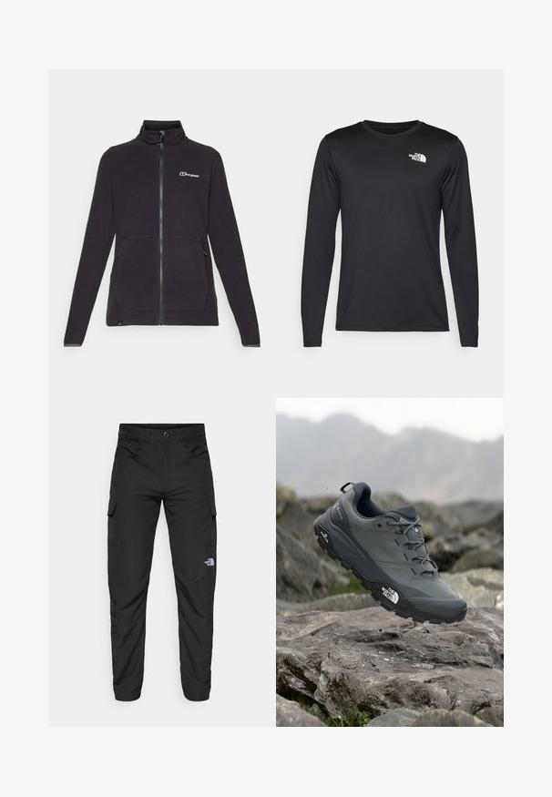 Svart fleecejakke med høy krage, full glidelås foran, to sidelommer og subtil logo på brystet. Teksturert stoff og lange ermer.; Langermet svart prestasjonstrøye laget av lett stoff, med en hvit logo på øvre venstre bryst. Glatt tekstur.; The North Face HORIZON PANT - Friluftsbukser - black; Grå terrengløpesko med en teksturert overdel, slitesterk gummisåle og forsterket tåhette. Inkluderer snørebånd og merkevarelogo på siden.